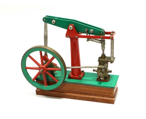 Kit Built Stationary Beam Engine with single lagged vertical cyliner on wooden base 8 1/2", 22cm high 