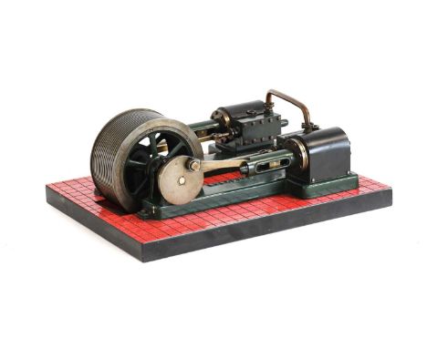 Live Steam Horizontal Engine  with twin cylinders driving broad central wheel on base 11 1/2x9", 29x23cm