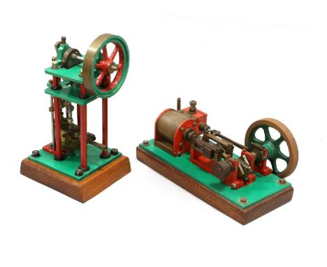 Kit Built Stationary Engines (i) Vertical engine on wooden base 7 1/4", 18cm high (ii) Horizonal engine on wooden base 7 1/4"