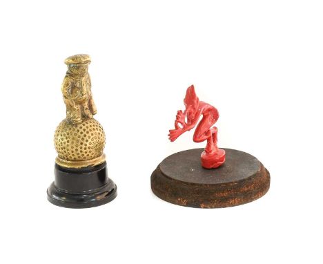 A Red Painted Car/Motorcycle Mascot, in the form of a cock-a-snoot figure8cm highA Brass Dunlop Motor Tyres Mascot, in the fo