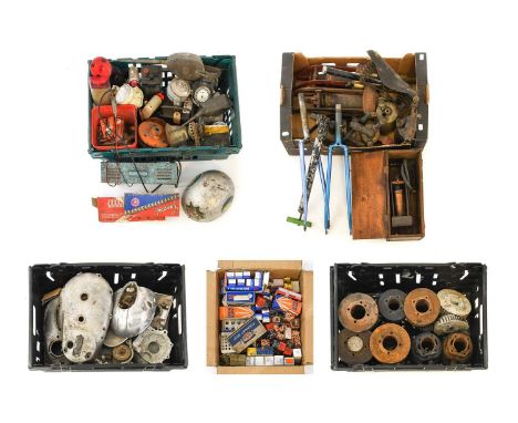 Assorted Vintage Motorcycle and Bicycle Parts, including casings, various lightbulbs, Dunlop foot pumps, blow torches, carbur