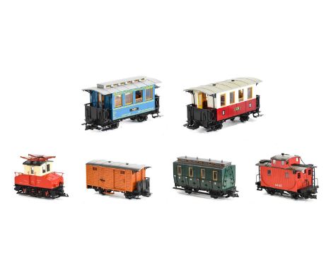 LGB 2032 0-4-0 Steeplecab Pantograph Locomotive red/cream; together with four wheel rolling stock: LGB III coach, Osterreichi