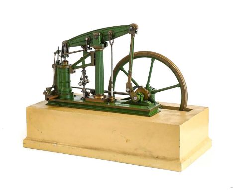 Live Steam Beam Engine with single vertical cylinder and 9 3/4" diameter flywheel and governor, mounted on base, beam length 