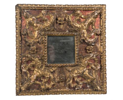 Frame in carved wood, polychromed and gilded. Italian work. 18th century.Light measures: 12,5 x 12,5 cm.Frame size: 40 x 40 c