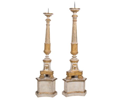 Pair of carved, polychromed and gilded wooden "torcheros"&nbsp;(candlestick).&nbsp;France. 19th century."Torcheros"&nbsp;meas