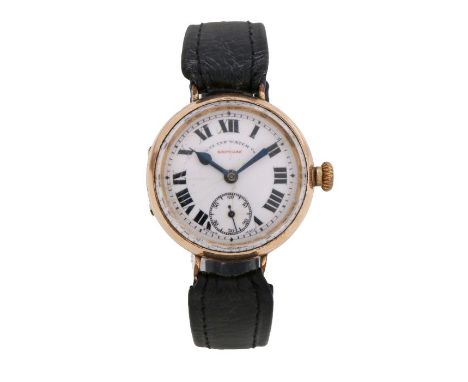 West End Watch Co Empress gentleman's trench style gold plated wristwatch, the signed white dial with Roman numerals, outer m