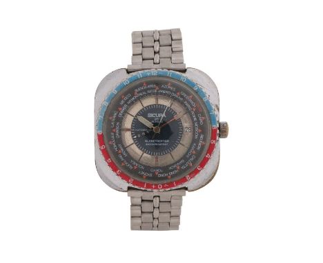 Sicura Globetrotter GMT gentleman's stainless steel wristwatch, the signed blue and banded silver dial with baton markers and