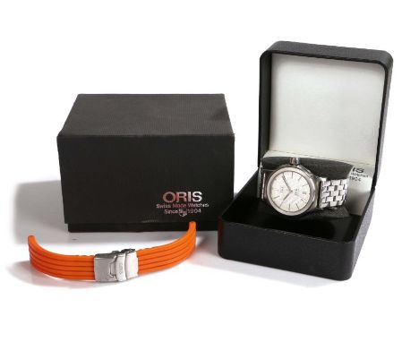 Oris "Big Crown" BC3 7500 gentleman's stainless steel wristwatch, the signed white engine turned effect dial with baton marke
