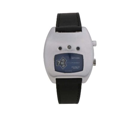 Sicura Instalite Electric jump hour gentleman's stainless steel wristwatch, the signed blue dial with Arabic hour and minutes