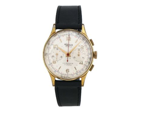 Rone chronograph gentleman's gilt cased wristwatch, the signed white dial with Arabic and baton markers, outer red and blue K