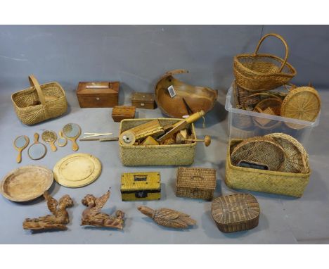 Miscellaneous wood and wicker treasure trove including carvings, working tools and boxes 
