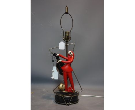 Fine 1950's american lamp with female figurine playing an instrument, H.66cm 