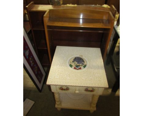 A Mexican painted side table together with two bookcases, a bedside cabinet, stool and folding card table