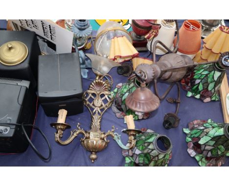 A Chandelier with Tiffany Style lamp shades together with assorted table lamps