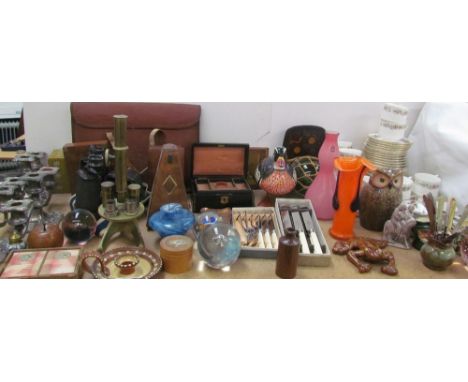 A Royal Albert Belinda pattern part tea set together with assorted paperweights, jewellery box, metronome, brass microscope, 