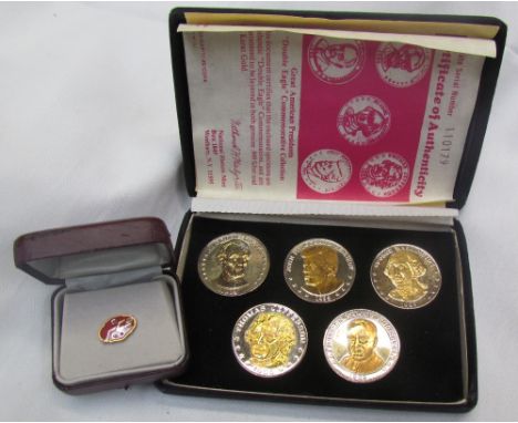 A National Historic Mint Great American Presidents “Double Eagle” commemorative five coin set, together with a yellow metal a