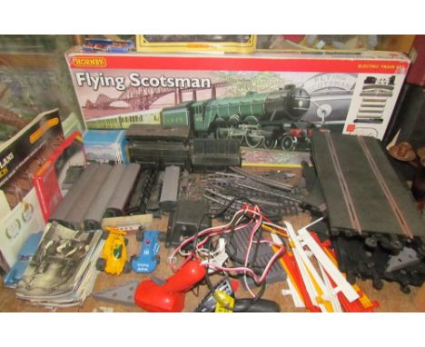 Hornby Flying Scotsman model together with Scalextric, postcards, train carriages etc