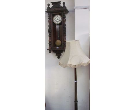 A Vienna regulator type wall clock together with a standard lamp, jardiniere stand and dishes