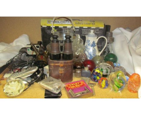 A Toolcraft Rotary Laser Kit, together with telephones, paperweights, glass bowls, binoculars etc