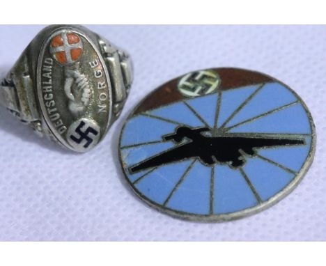 German WWII type enamelled silver Norwegian Pact signet ring, shank cut, maker marked K.Laakso, and an enamelled Luftwaffe ba