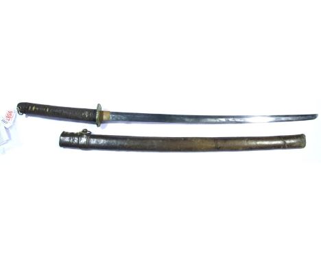 Japanese WWII type sword in leather scabbard, blade L: 68 cm. P&amp;P Group 3 (£25+VAT for the first lot and £5+VAT for subse