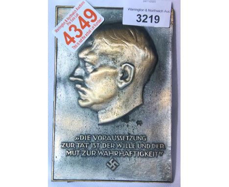 German Third Reich type cast metal plaque displaying the profile of Adolf Hitler, inscribed, maker MH, 14 x 9.5 cm. P&amp;P G