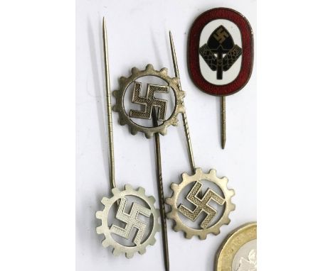 Three German Third Reich type TENO stick pins, and an enamelled Worker's stick pin. P&amp;P Group 1 (£14+VAT for the first lo