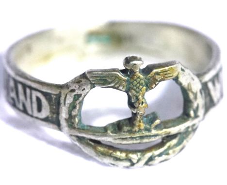 German WWII type silver U-Boat ring with anti-England inscription to the shank, size T. P&amp;P Group 1 (£14+VAT for the firs