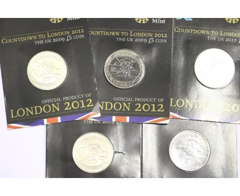 Five countdown to London 2012 cased £5 coins. P&amp;P Group 1 (£14+VAT for the first lot and £1+VAT for subsequent lots) 