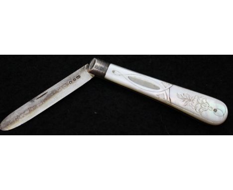 Mother of pearl handled hallmarked silver fruit knife. P&amp;P Group 1 (£14+VAT for the first lot and £1+VAT for subsequent l