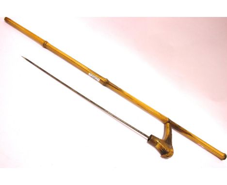Antler handled antique bamboo sword stick, blade L: 40 cm, overall L: 88 cm. P&amp;P Group 2 (£18+VAT for the first lot and £