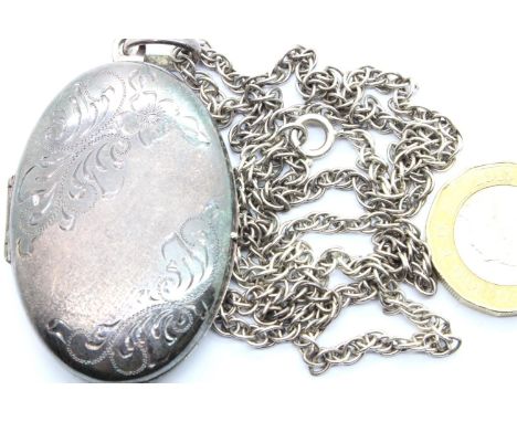 Large silver locket on a white metal chain, locket H: 48 mm. P&amp;P Group 1 (£14+VAT for the first lot and £1+VAT for subseq