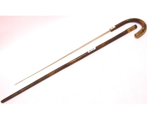 Yellow metal mounted antique bamboo sword stick, blade L: 55 cm, overall L: 85 cm. P&amp;P Group 2 (£18+VAT for the first lot