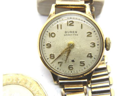 Buren Grand Prix 9ct gold cased ladies wristwatch on a 9ct gold bracelet, dated 1960 by inscription. Weight excluding movemen