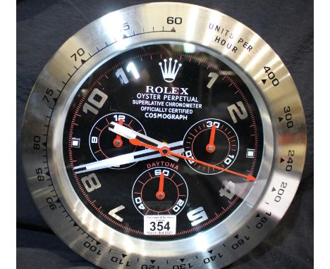 Dealers point of sale wall clock with sweeping second hand and Oyster Perpetual Cosmograph face, D: 34 cm. P&amp;P Group 2 (£