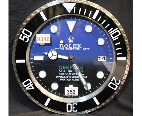 Dealers point of sale wall clock with sweeping second hand and Deepsea Sea-Dweller face. P&amp;P Group 2 (£18+VAT for the fir