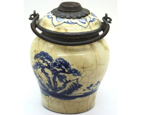 Oriental covered blue and white jar with four character mark to the base and metal dropper. P&amp;P Group 2 (£18+VAT for the 
