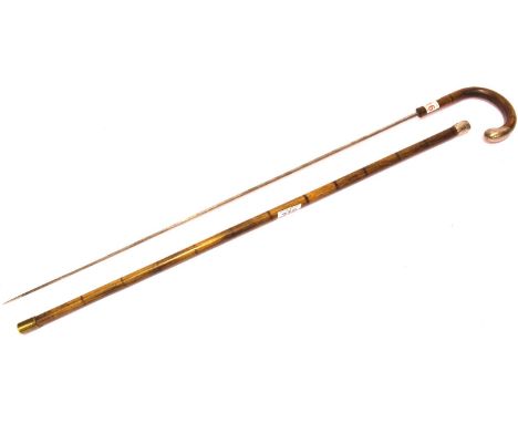 Antique bamboo sword stick, with hallmarked silver mounts and brass ferrule, blade L: 73 cm, overall L: 88 cm. P&amp;P Group 