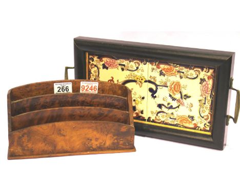 Burr walnut letter stand and a Masons Mandalay tiled tray. P&amp;P Group 3 (£25+VAT for the first lot and £5+VAT for subseque