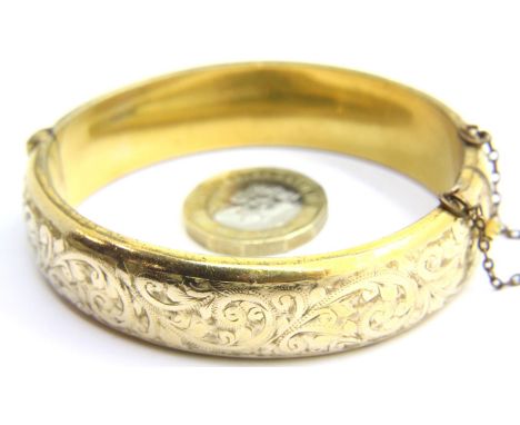 Engraved bangle 1/5 9ct gold, 30.6g. P&amp;P Group 1 (£14+VAT for the first lot and £1+VAT for subsequent lots) 