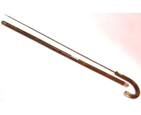 Hallmarked silver mounted antique bamboo sword stick with brass ferrule, blade L: 67 cm, overall L: 86 cm. P&amp;P Group 2 (£