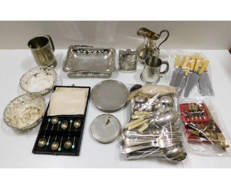 A quantity of mostly silver plated items including a pair of fretwork dishes &amp; flatware 