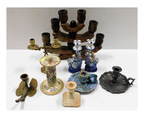A small Worcester candle holder twinned with other mixed candle holders, some a/f