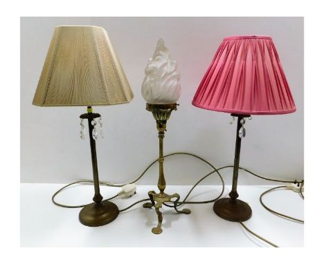 A pair of brass Laura Ashley table lamps &amp; one brass antique lamp, shade a/f - 23.5in tallest 