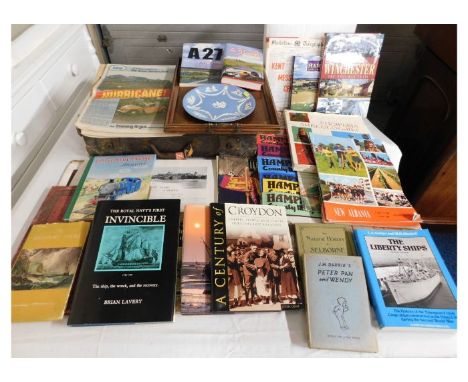 A quantity of mixed books including The Little Blue Engine, mixed ephemera, a suitcase &amp; a wooden tray 
