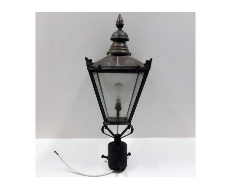 An antique copper gas lamp, later converted to electricity 27.5in high 