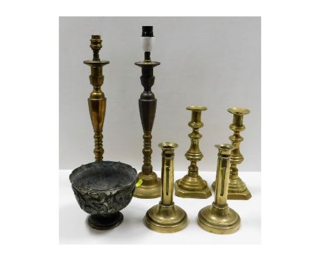 A pair of Georgian candle holders, a/f, other brass candle holders &amp; lighting with an Oriental white base metal bowl