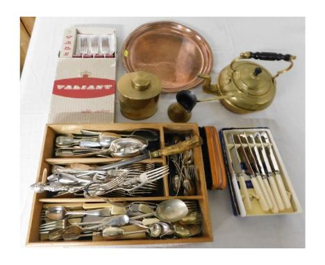 A copper tray, brass caddy, mixed flatware &amp; other items