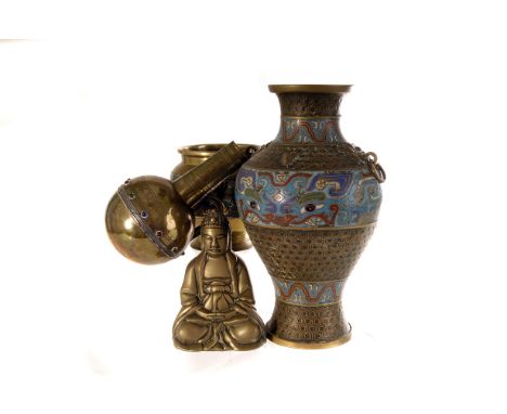 A champlevé enamel style vase garniture, together with a brass Buddha, Bodhisattva, and oil jug (6)