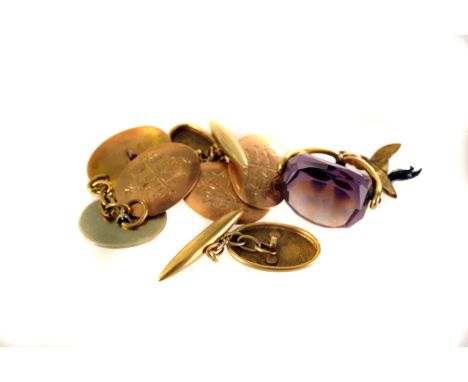 A pair of 9ct gold oval cufflinks,  each engraved with a monogram, in original box, together with a further pair, a single si